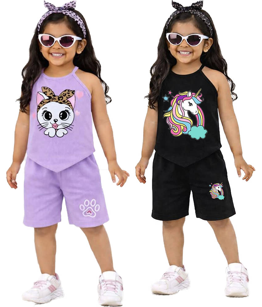 CRAZYON Pack of 1 Girls 100% Cotton T-shirt & Shorts ( Multicolor )