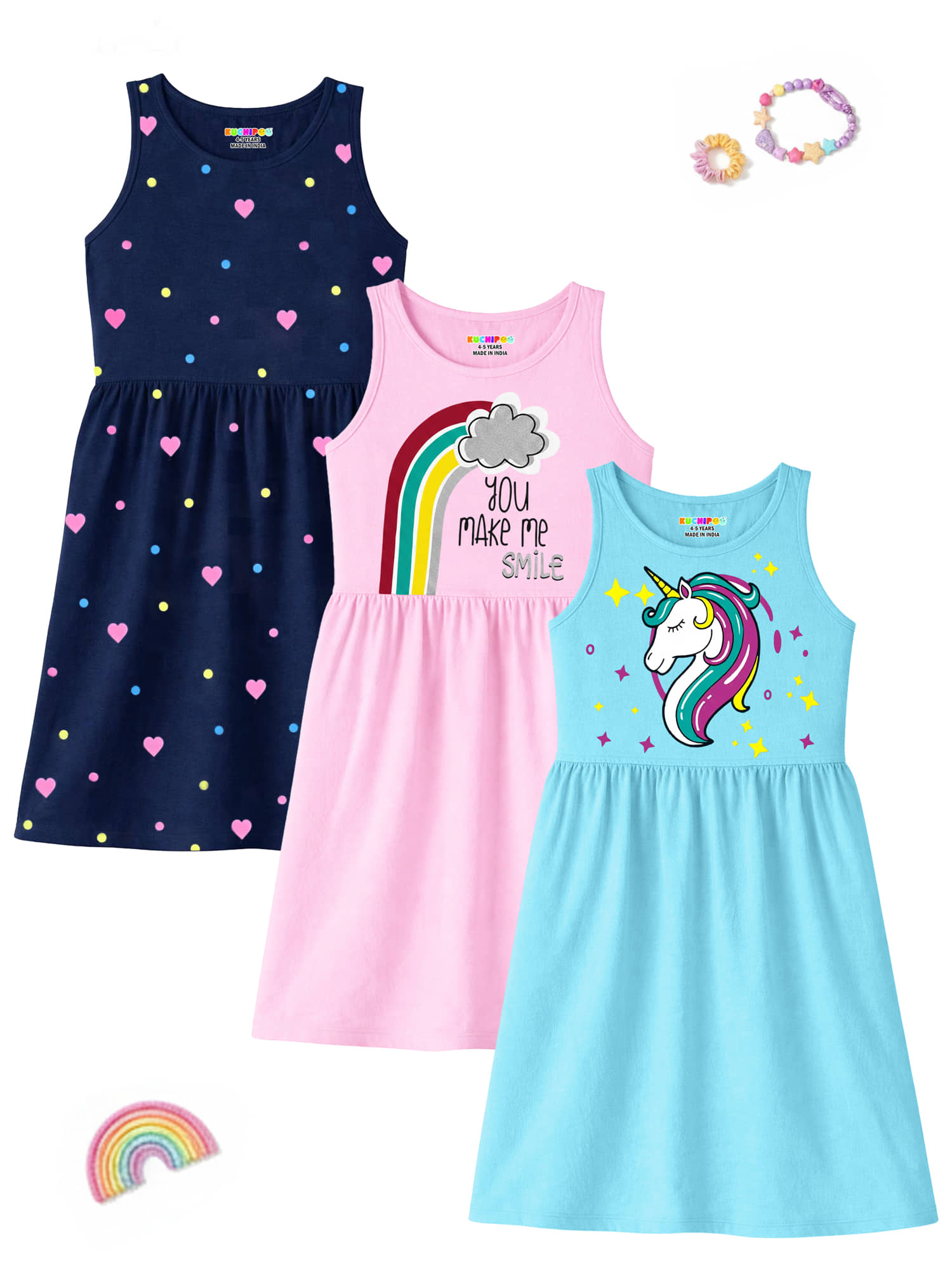 Kuchipoo Cotton Blend Dress For Girls ( Pack of 3 , Multicolor 7 )