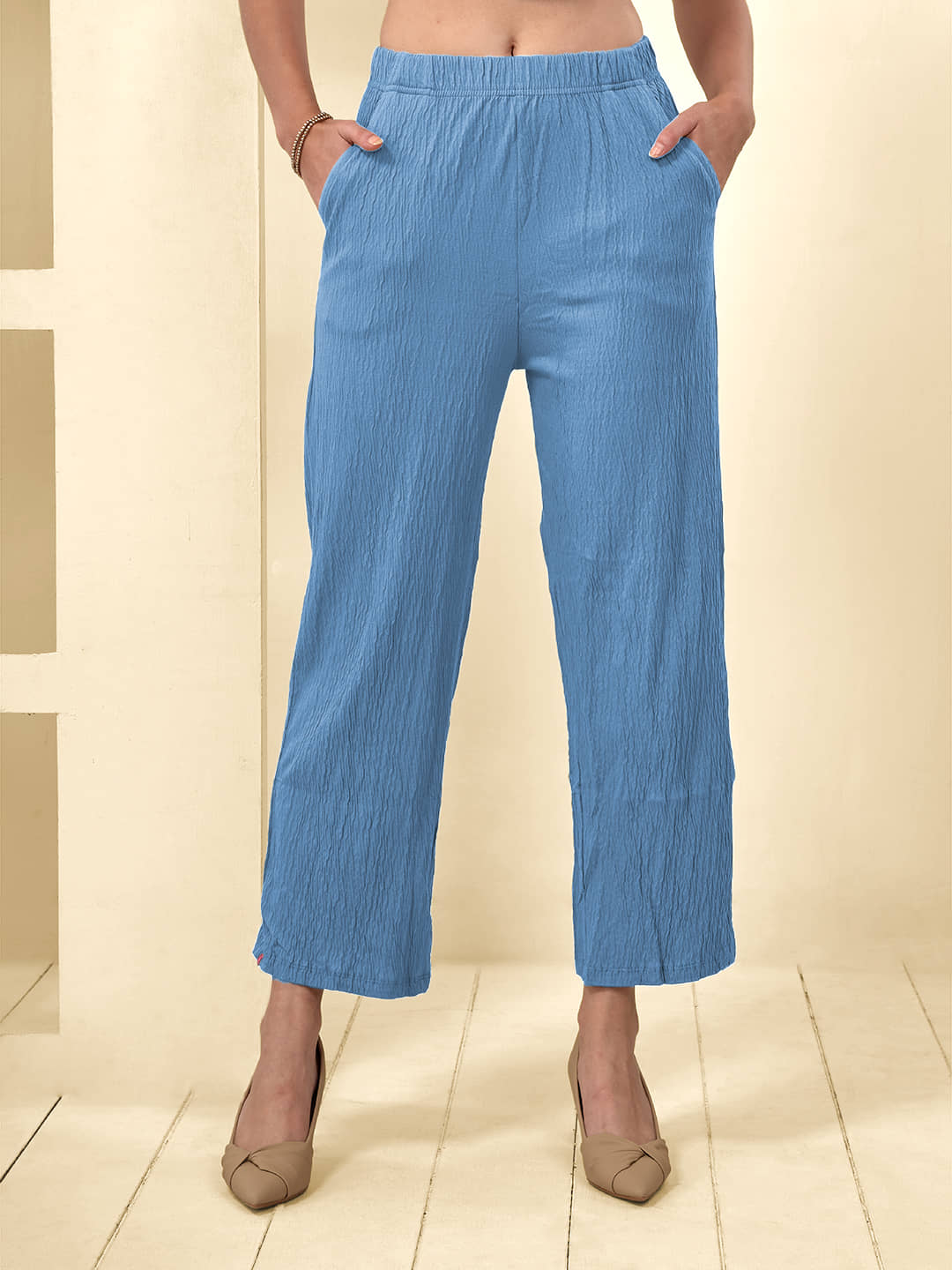 LYRA Women Cotton Wide Leg Trousers ( Light Blue ) - Trousers | Buy online on ZillyBuy