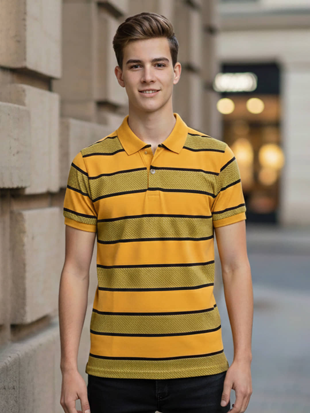 Merriment Men Polyester Regular Fit Striped Polo T Shirt ( Mustard )