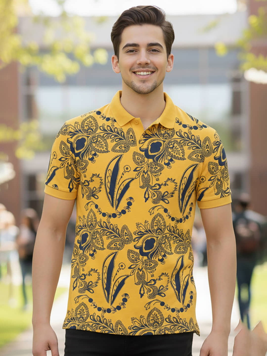 Merriment Men Polyester Regular Fit Printed Polo T Shirt ( Mustard )