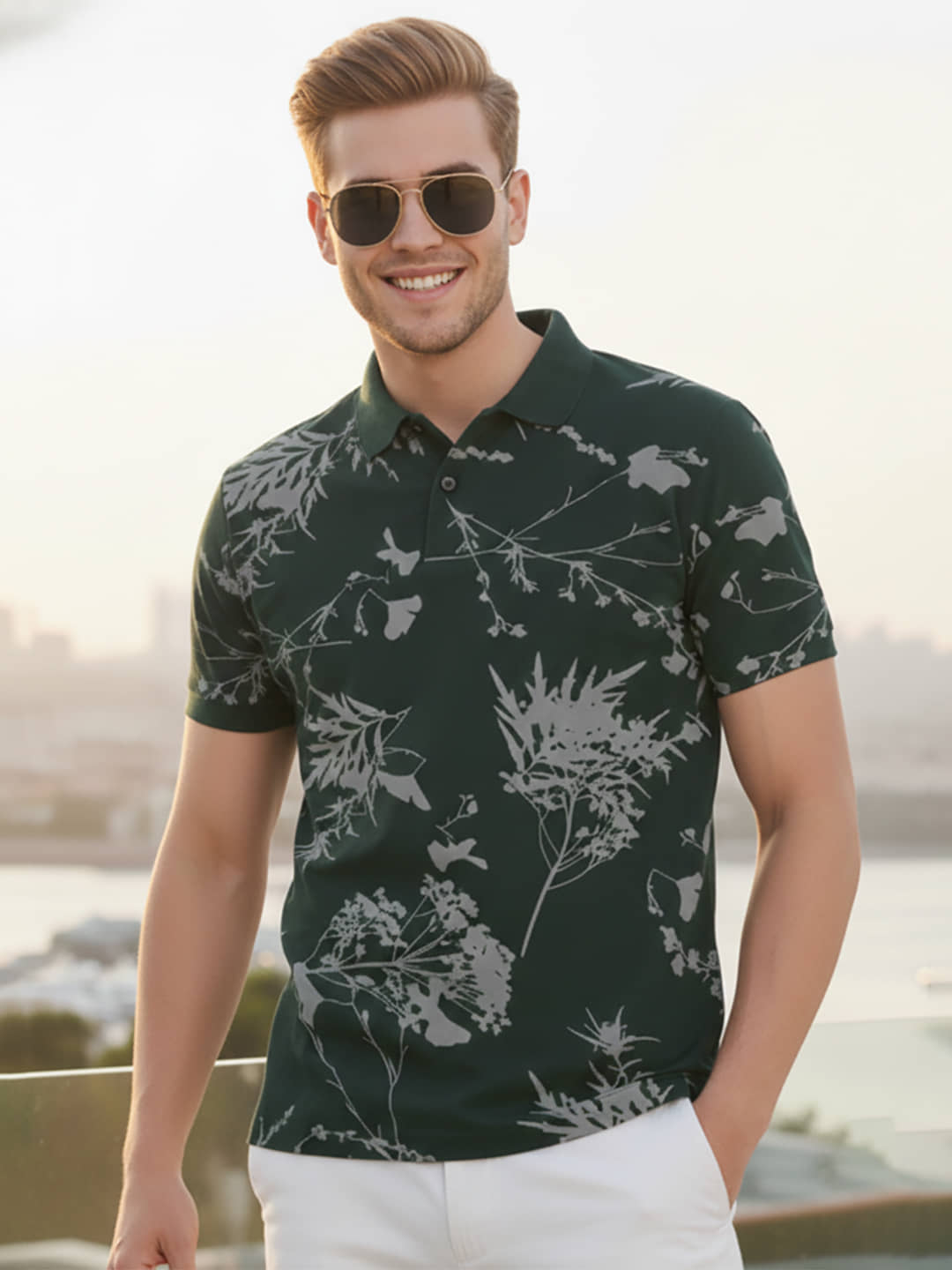 Merriment Men Polyester Regular Fit Printed Polo T Shirt ( Dark Green )