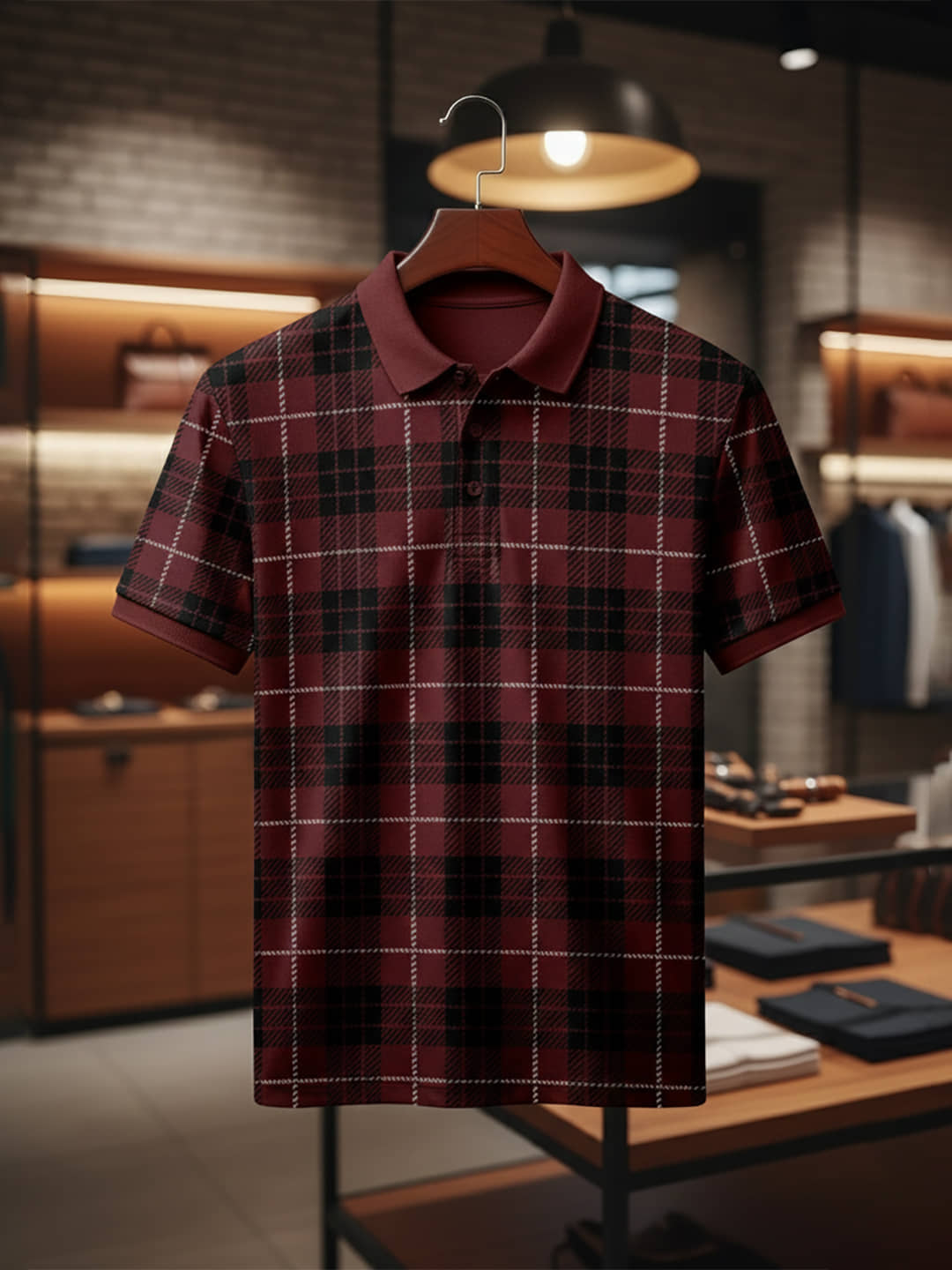 Merriment Men Polyester Regular Fit Checks Polo T Shirt ( Maroon )