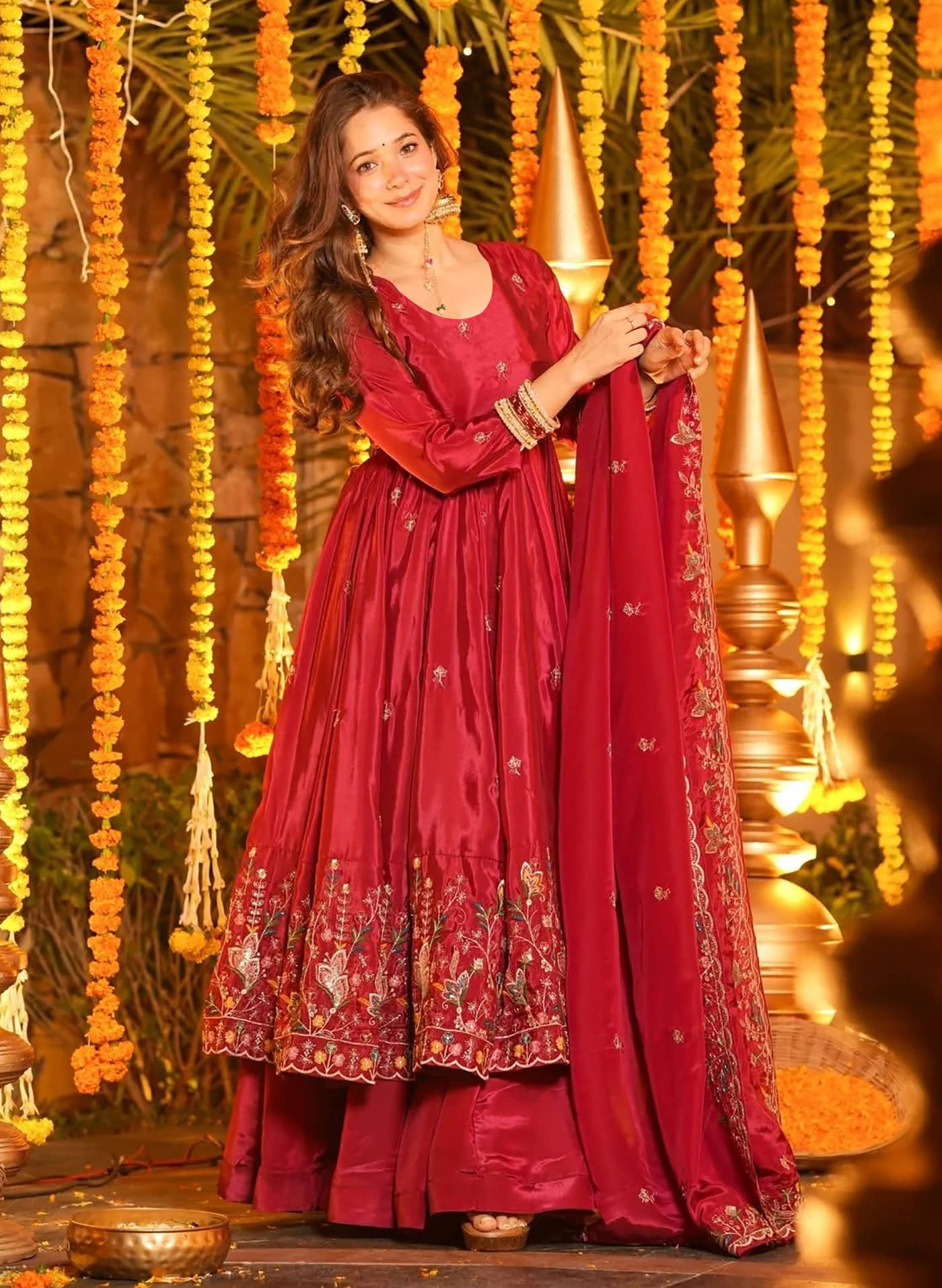 kedar fab Women Silk Embroidered Anarkali Kurti With Palazzo ( Pink )