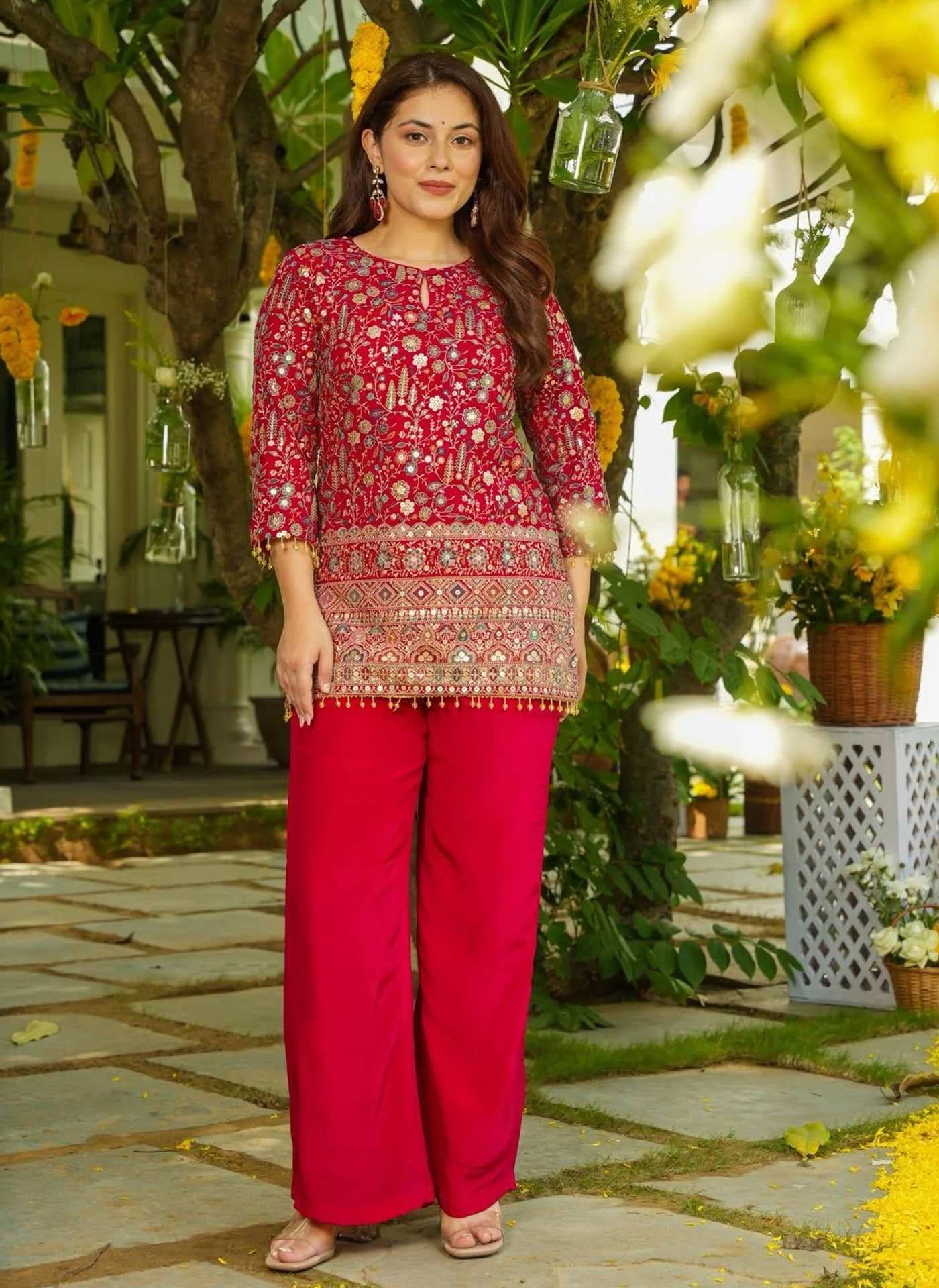 kedar fab Women Silk Embroidered Straight Kurti With Palazzo ( Pink )