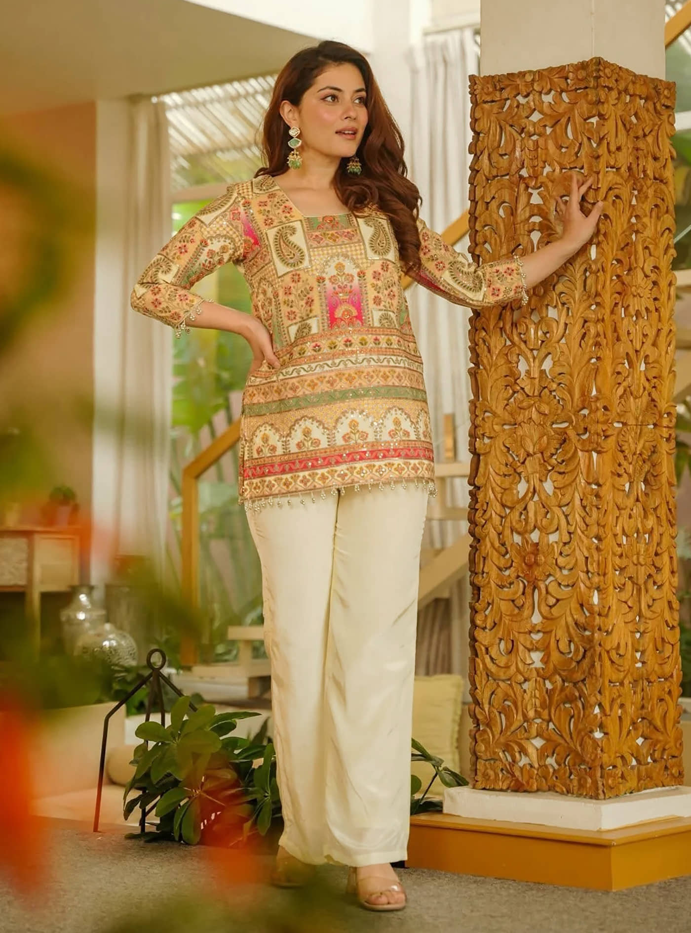 kedar fab Women Silk Printed Straight Kurti With Palazzo ( Beige )