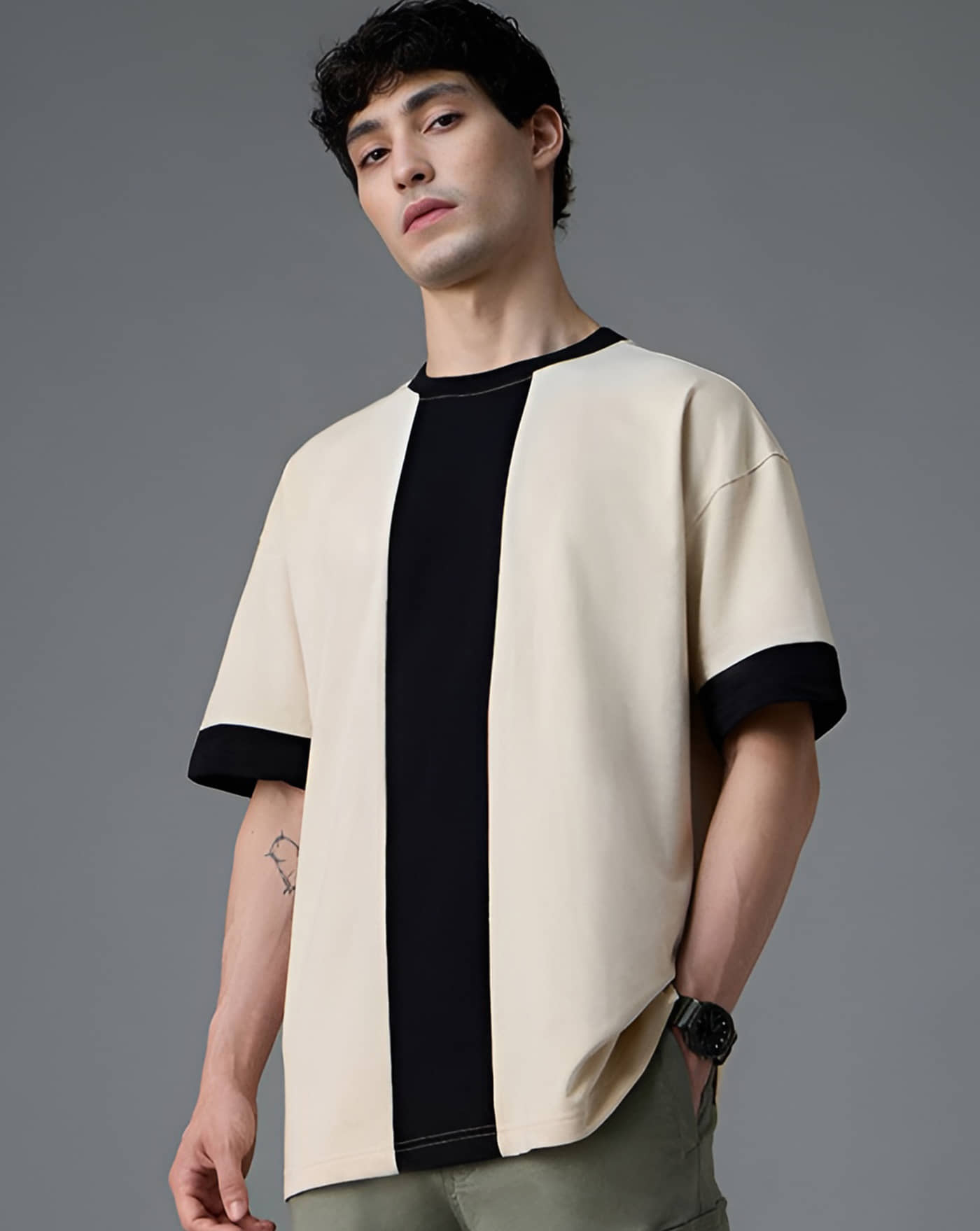 AUSK Men Cotton Blend Oversized Fit Printed T-Shirt ( Beige )
