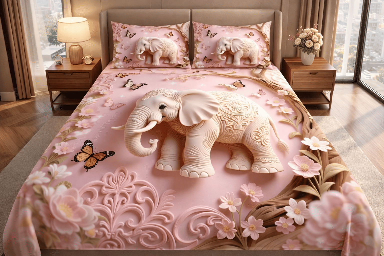 SWIZIER 7D Digital Print Baby Pink Cotton 1 Double Bedsheet with 2 Pillow Covers ( 254 cm x 228 cm )