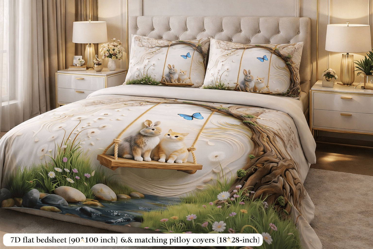 SWIZIER 7D Digital Print Cream Cotton 1 Double Bedsheet with 2 Pillow Covers ( 254 cm x 228 cm )