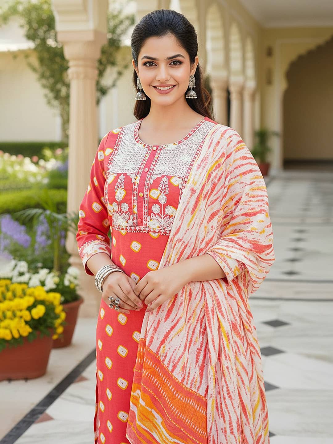 Vaamsi Women Rayon Embroidered Straight Kurti With Pants ( Orange )