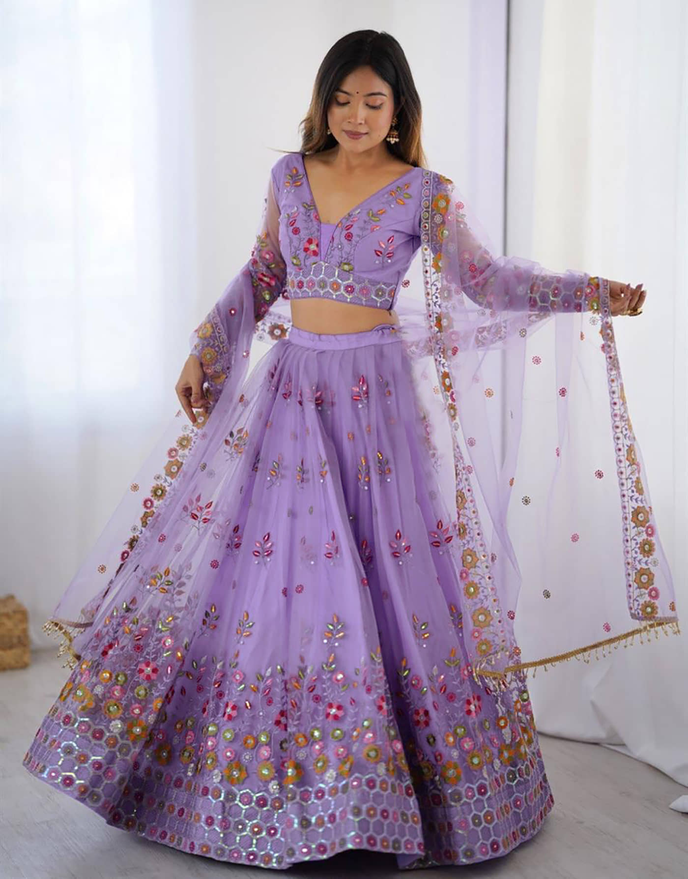 kedar fab Women's Net Semi Stitched Circular Lehenga Choli