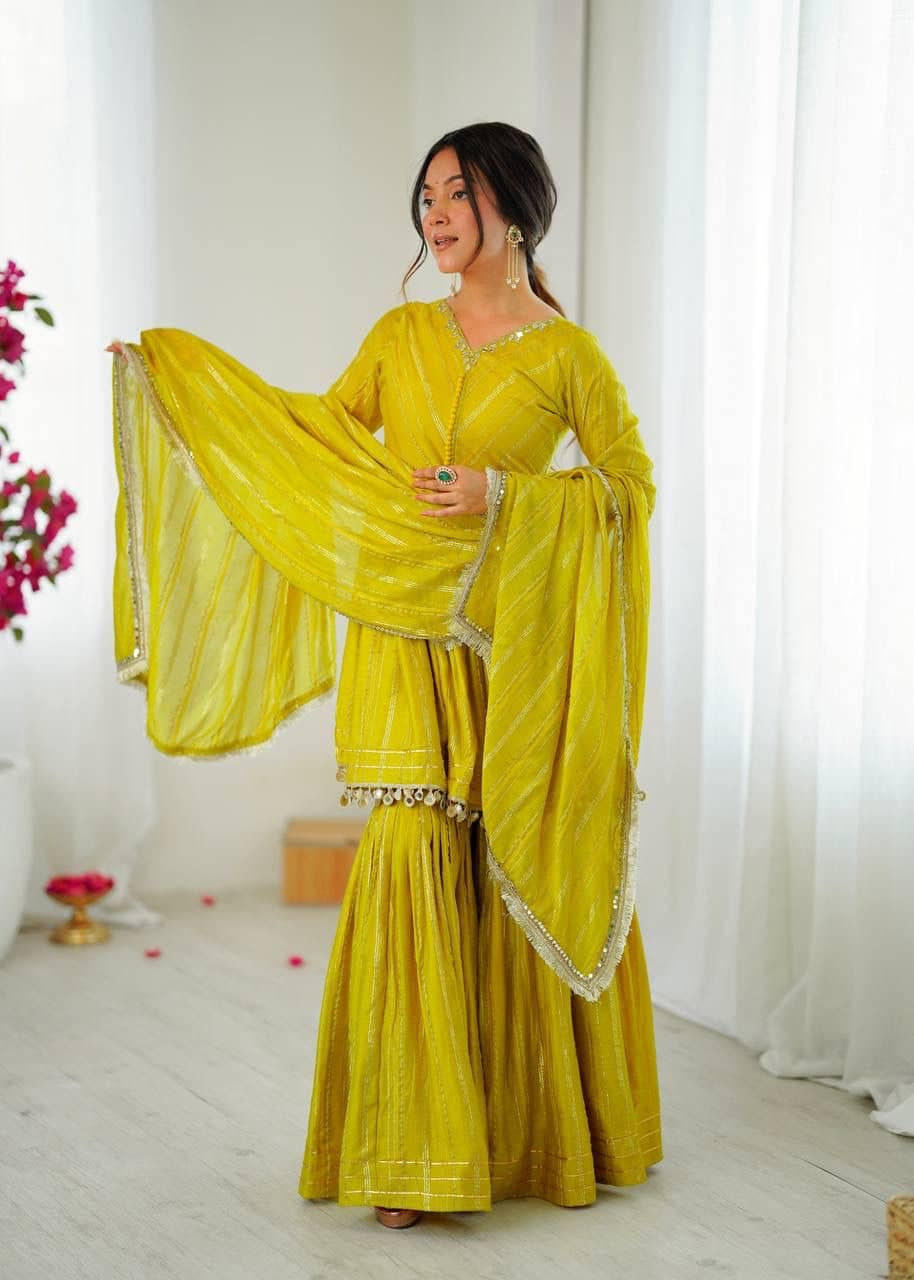 BHAGYASHRAY Women Chanderi Striped Ethnic Motifs Kurti With Sharara And Gharara ( Yellow )