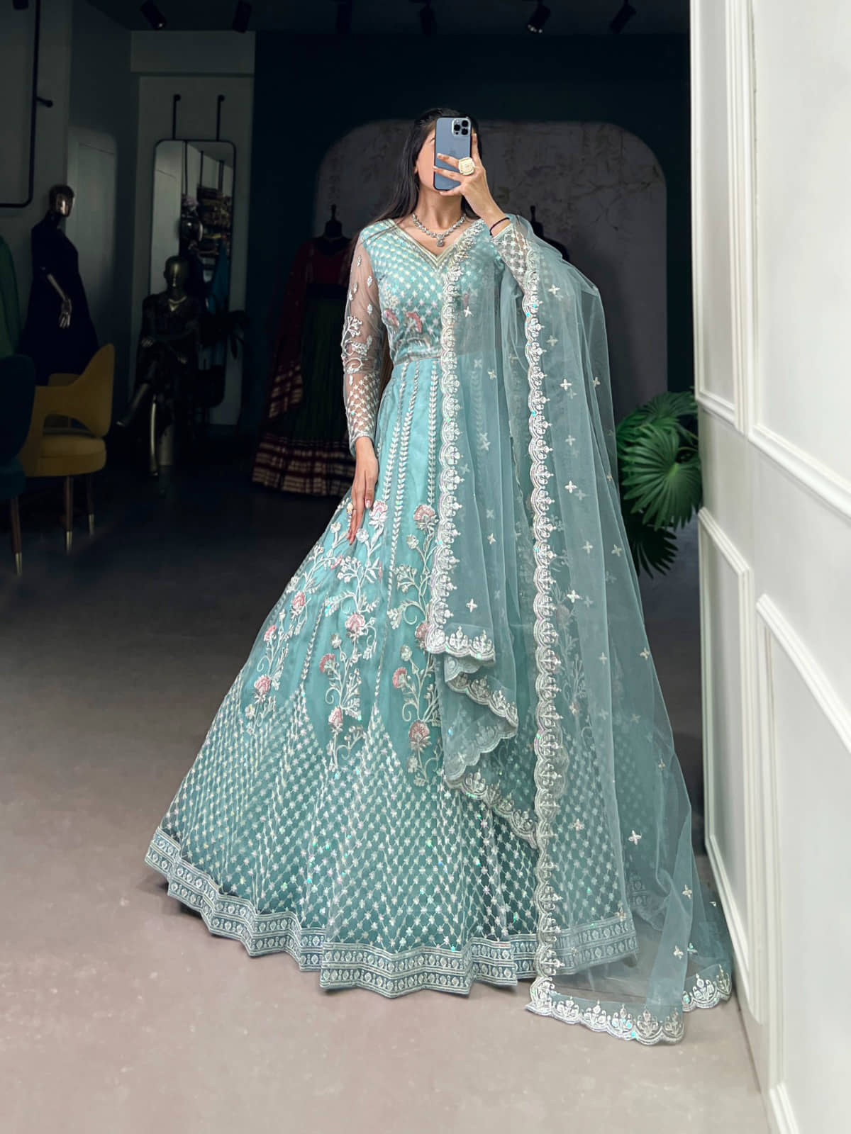 Aika Women's Net Semi Stitched Flared Ethnic Gown With Dupatta - Unstitched Fabrics | Buy online on ZillyBuy