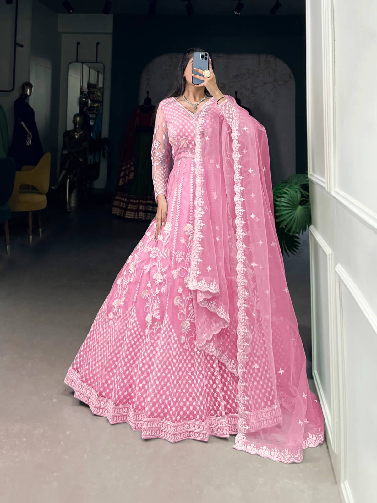Apnisha Women's Net Semi Stitched Flared Ethnic Gown With Dupatta - Unstitched Fabrics | Buy online on ZillyBuy