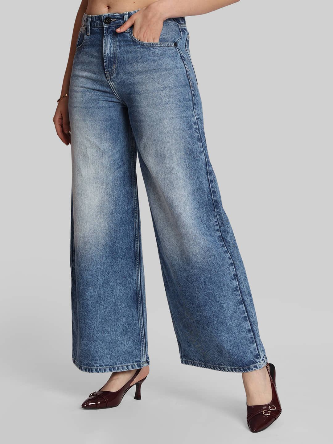 Bene Kleed Women's Wide Leg Mid-Rise Jeans ( Navy Blue ) - Jeans | Buy online on ZillyBuy
