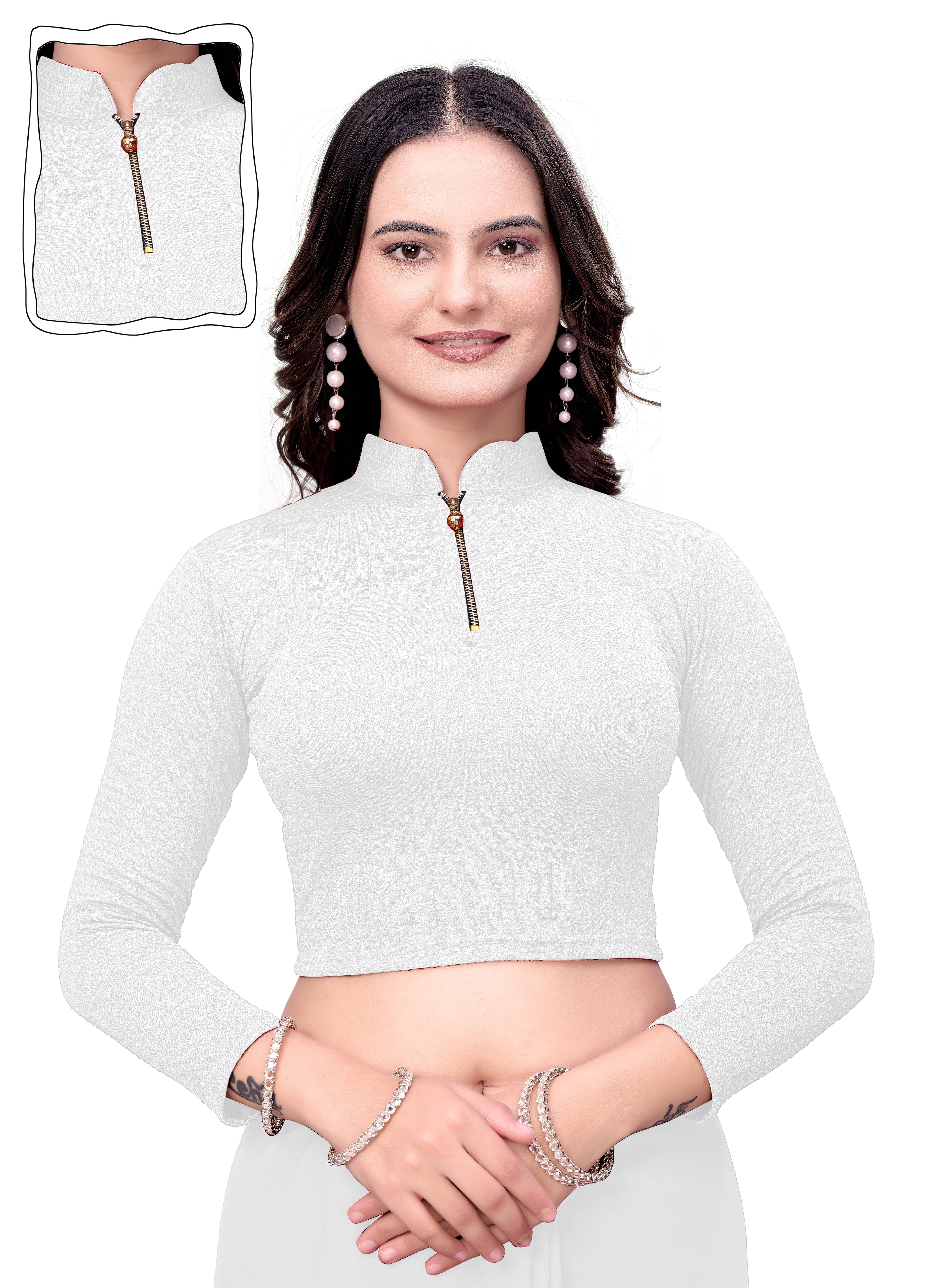 DELTIN HUB Cotton Blend Semi Stitched Round Neck Women's Blouse ( White )