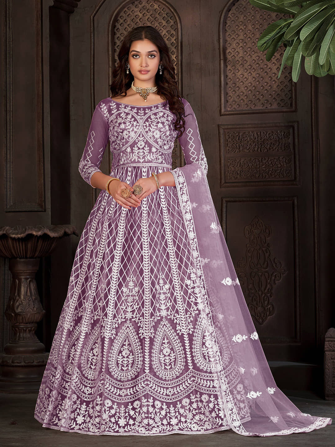 KV Fashion Women's Net Semi Stitched Flared Ethnic Gown With Dupatta - Unstitched Fabrics | Buy online on ZillyBuy
