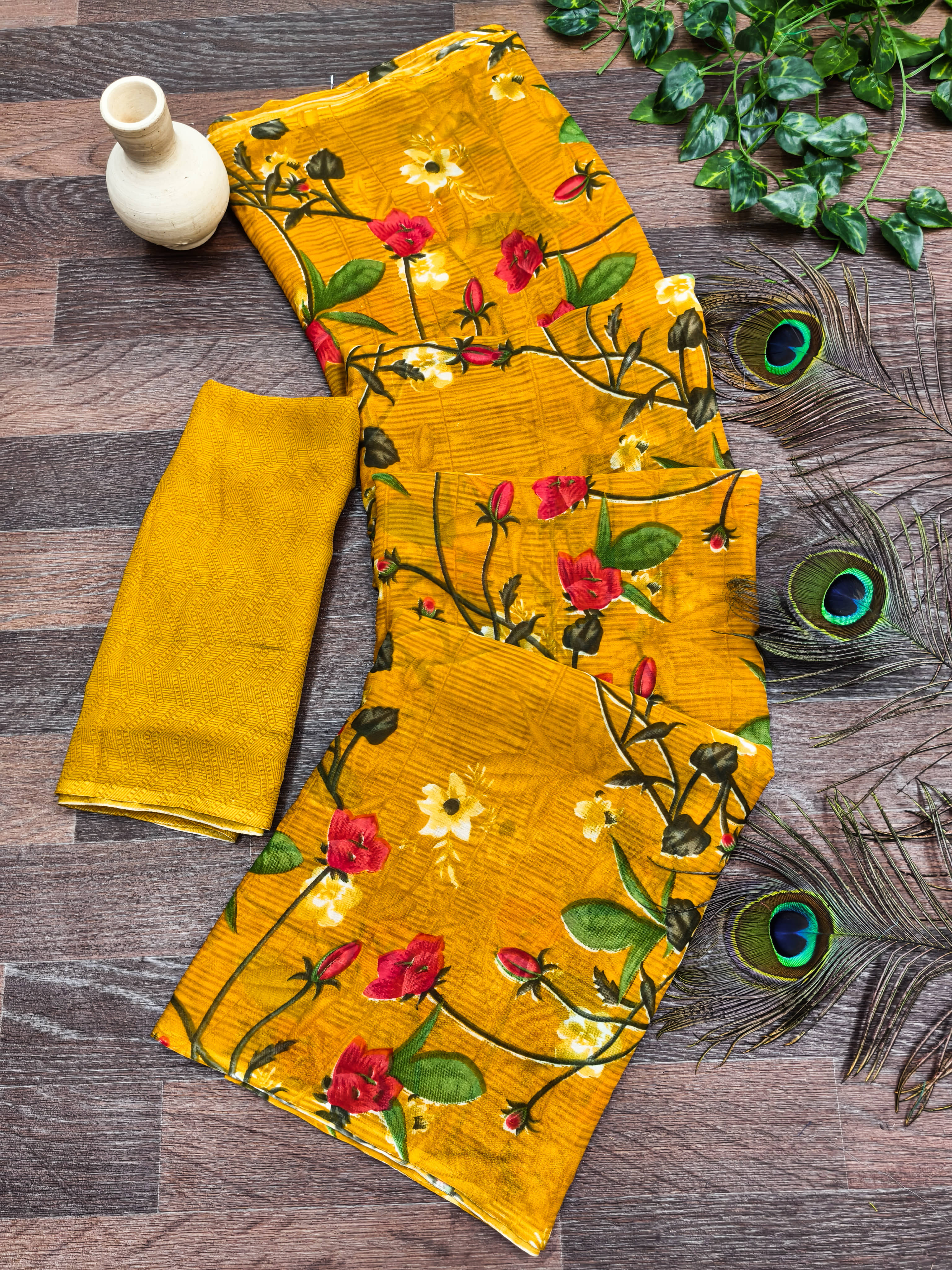 Kanooda Prints Georgette Printed Regular Saree With Unstitched Blouse Piece ( Yellow ) - Sarees | Buy online on ZillyBuy