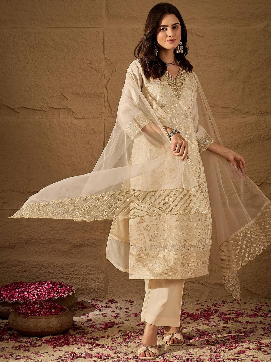 MEHZEEL FAB Women Chanderi Silk Embroidered A-line Kurti With Pants ( Cream )