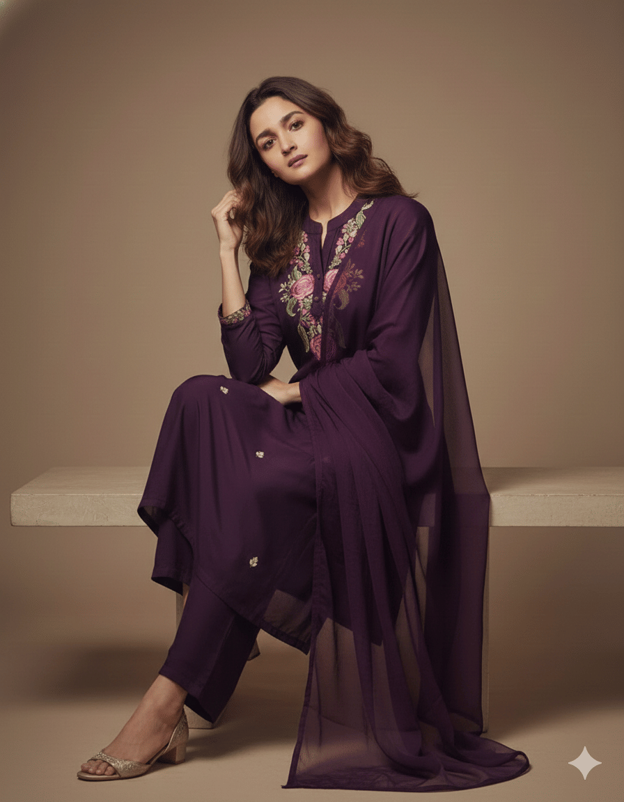 MEHZEEL FAB Women Cotton Silk Embroidered Straight Kurti With Pants ( Wine )