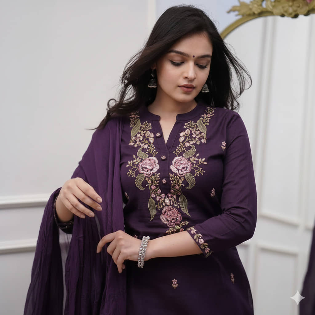 MEHZEEL FAB Women Cotton Silk Embroidered Straight Kurti With Pants ( Wine )