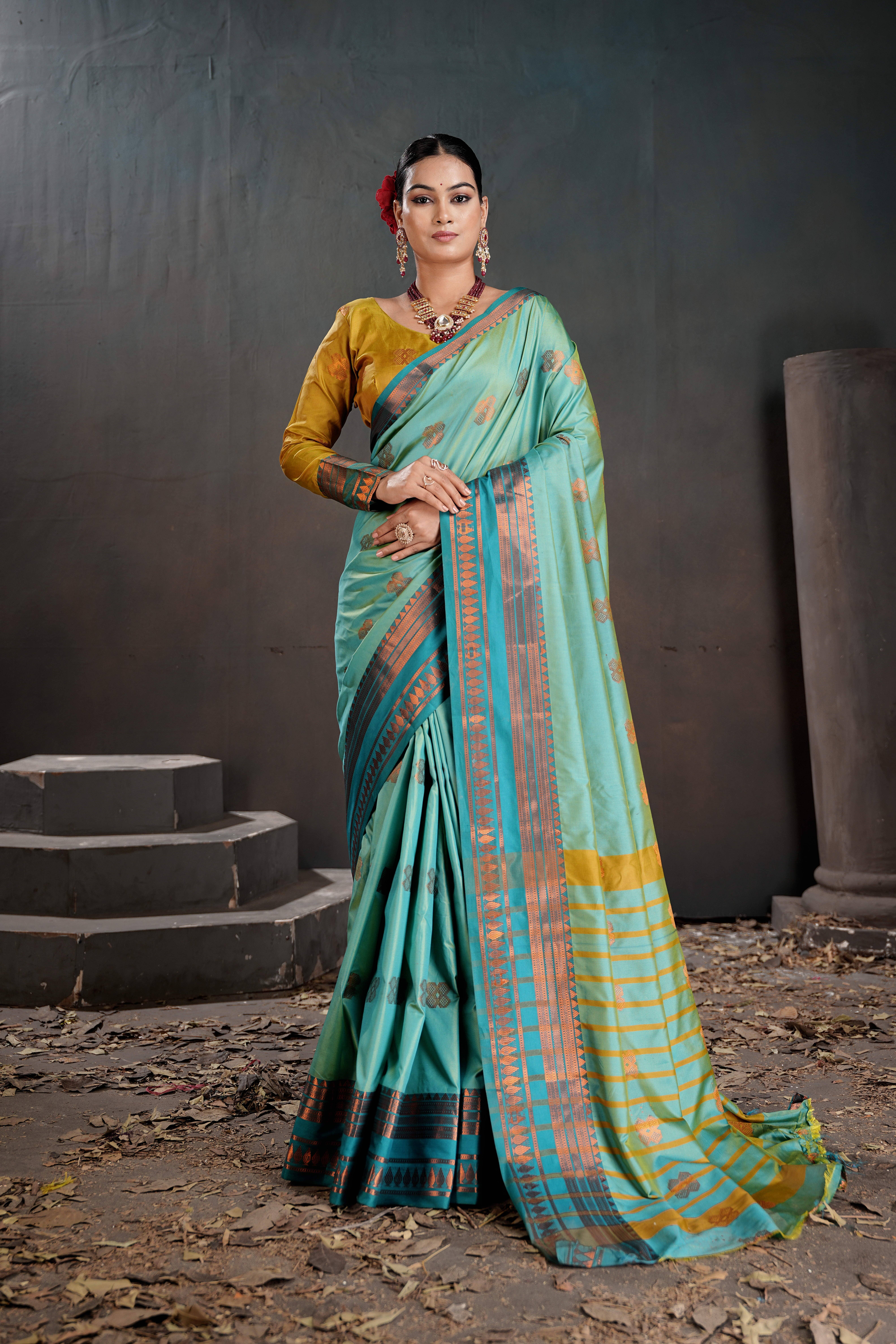 THE PRIVATE LABLE Brocade Self Design Banarasi saree With Unstitched Blouse Piece ( Mustard ) - Sarees | Buy online on ZillyBuy