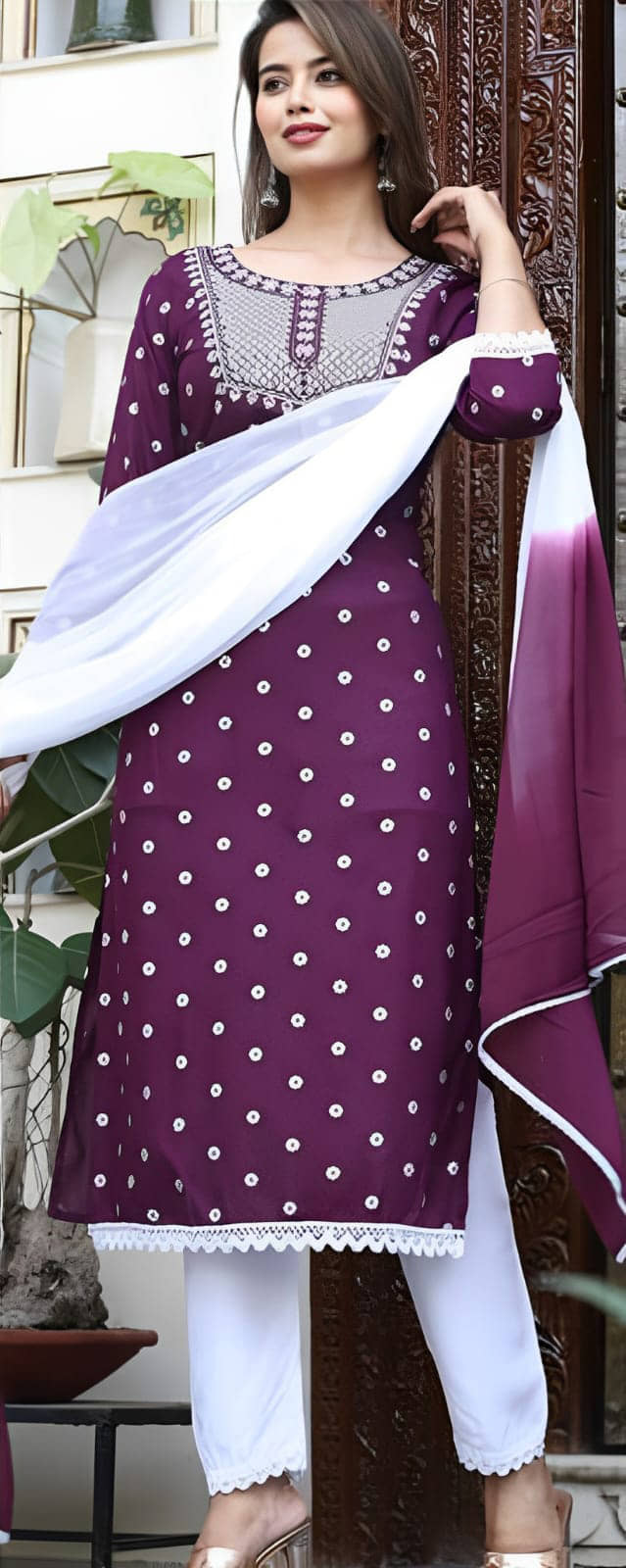 anushansa Women Viscose Embroidered Straight Kurti With Pants ( Purple )