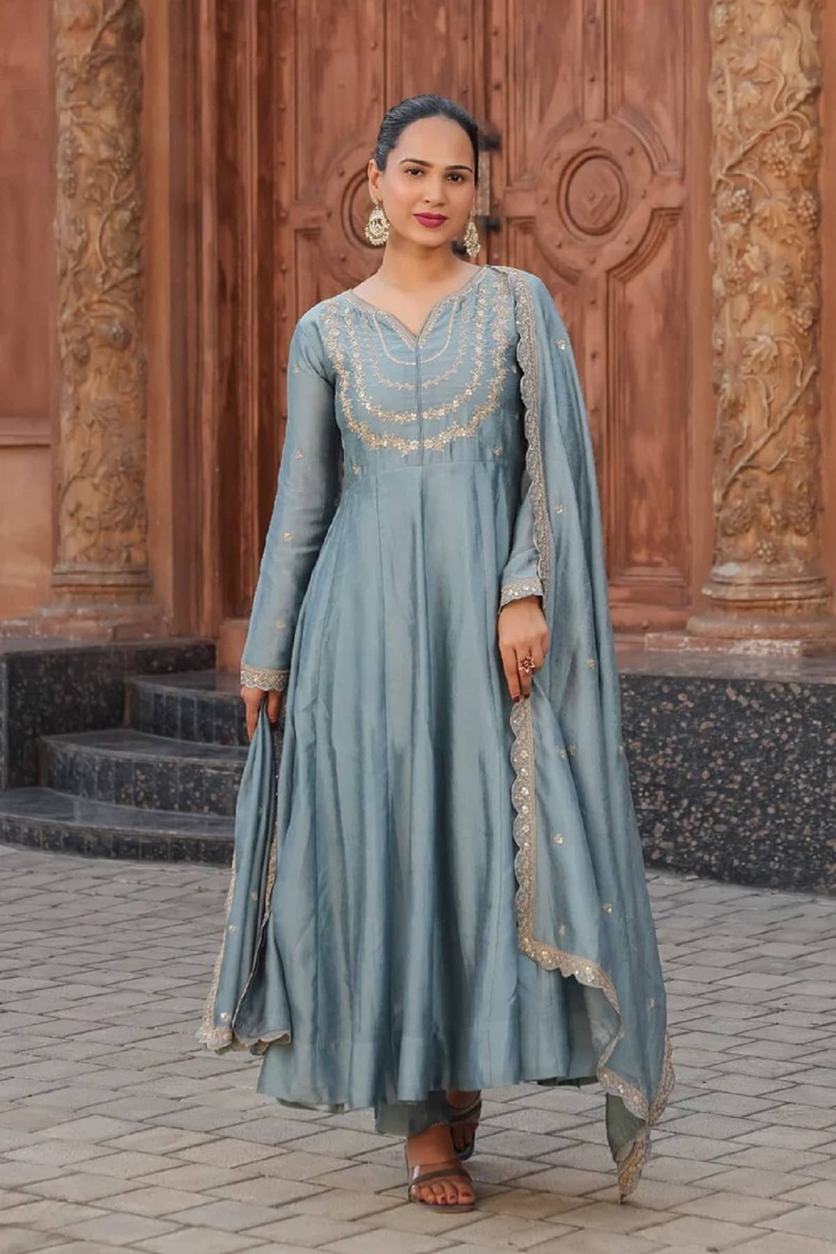 Gazal Fashions Women Silk Blend Embroidered Flared Kurti With Pants ( Aqua Blue )