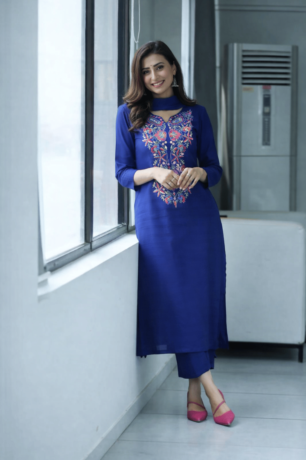 Jaipuri Bunaai Women Rayon Embroidered A-line Kurti With Pants ( Blue )