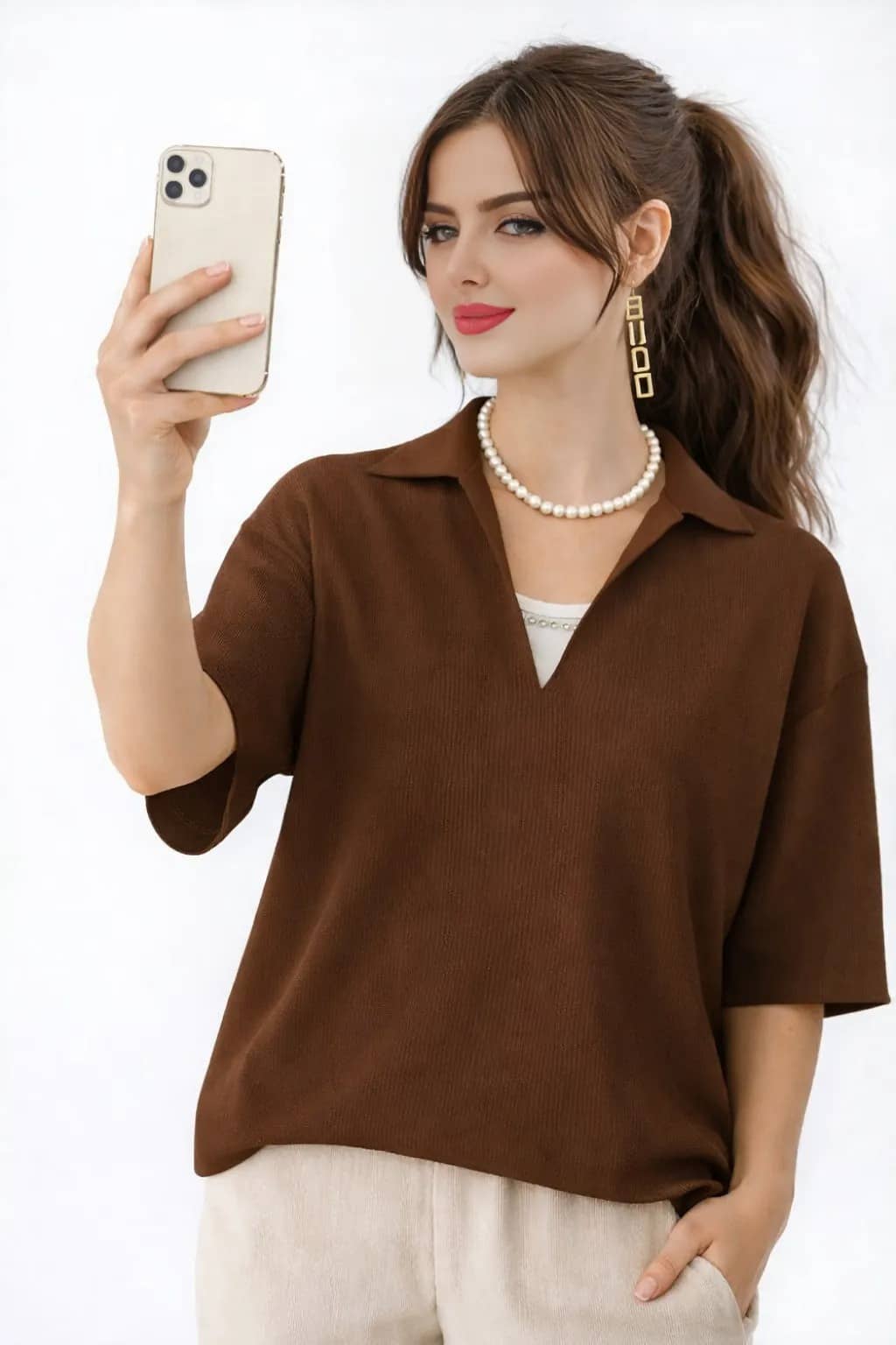 Traquila Women Cotton Blend Regular Fit V-Neck T-Shirt ( Brown )