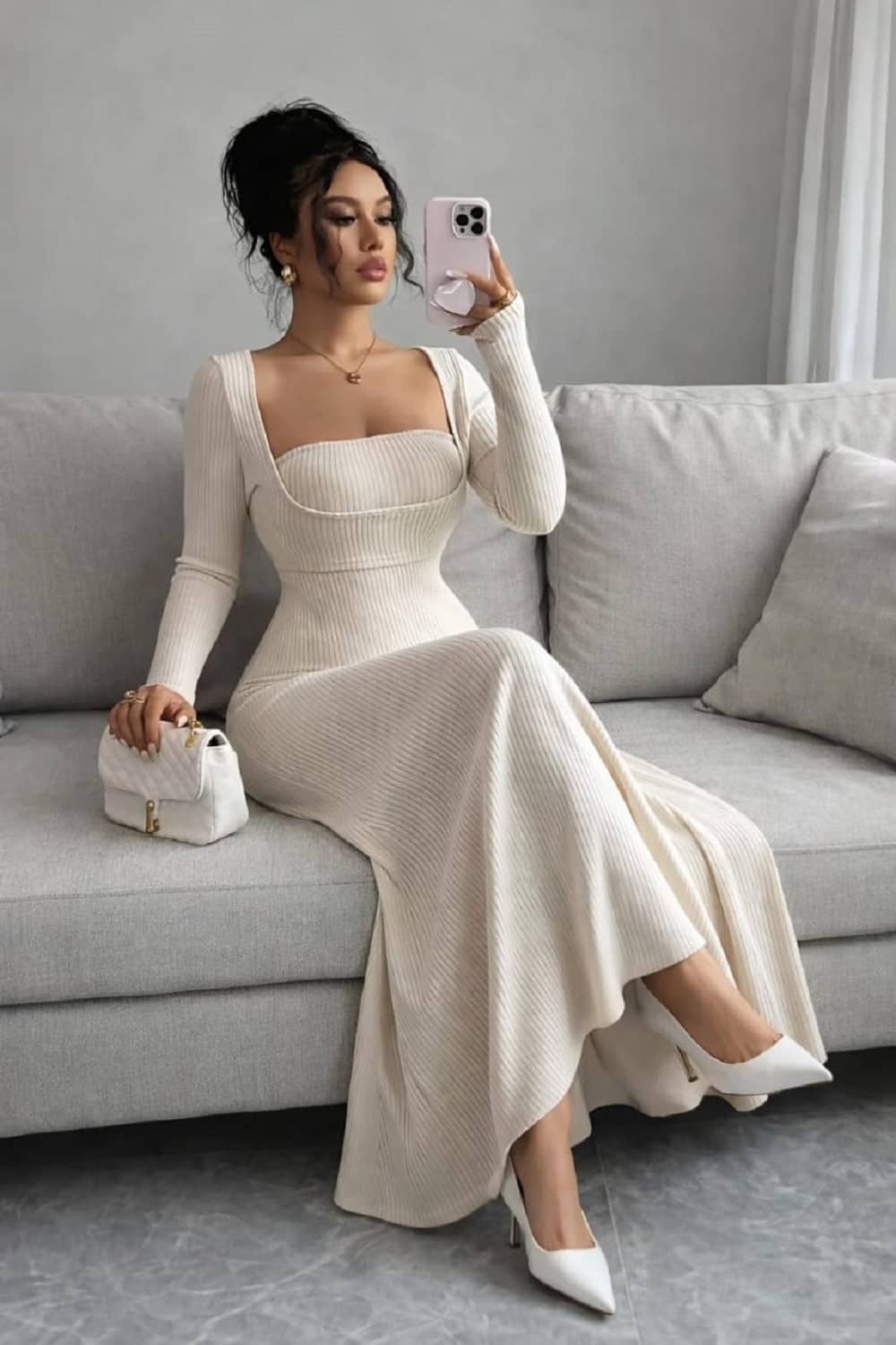 wanquila Women Lycra Bodycon Dress ( Cream )