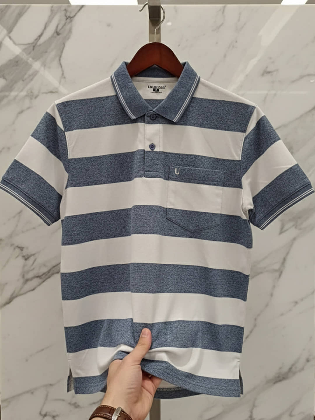 UNIBERRY Men Cotton Blend Regular Fit Striped Polo T Shirt ( Blue )
