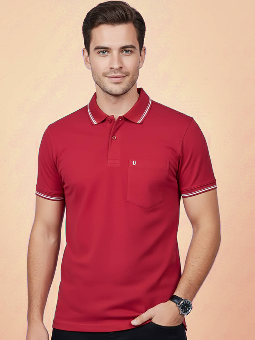 UNIBERRY Men Cotton Blend Regular Fit Solid Polo T Shirt ( Red )