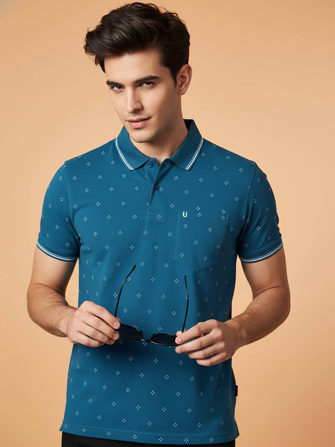 UNIBERRY Men Cotton Blend Regular Fit Printed Polo T Shirt ( Teal Blue )