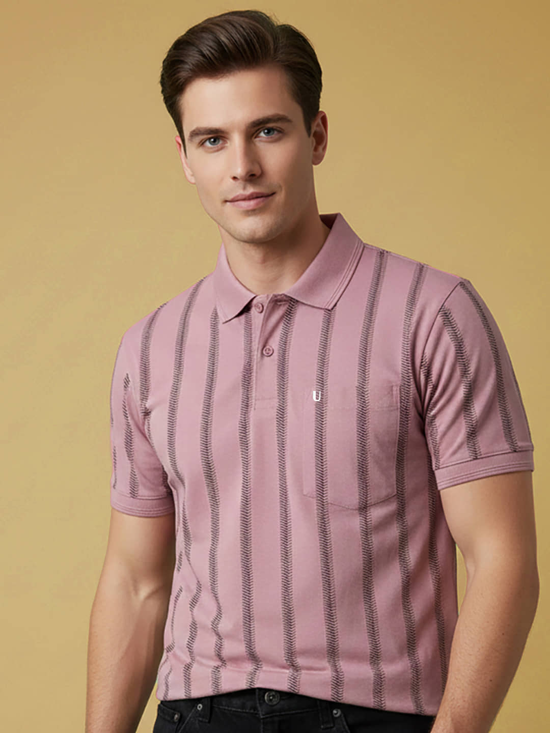 UNIBERRY Men Cotton Blend Regular Fit Striped Polo T Shirt ( Pink )