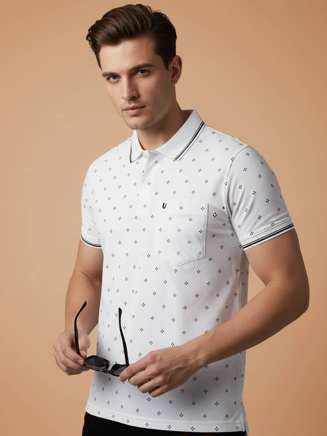 UNIBERRY Men Cotton Blend Regular Fit Printed Polo T Shirt ( White )