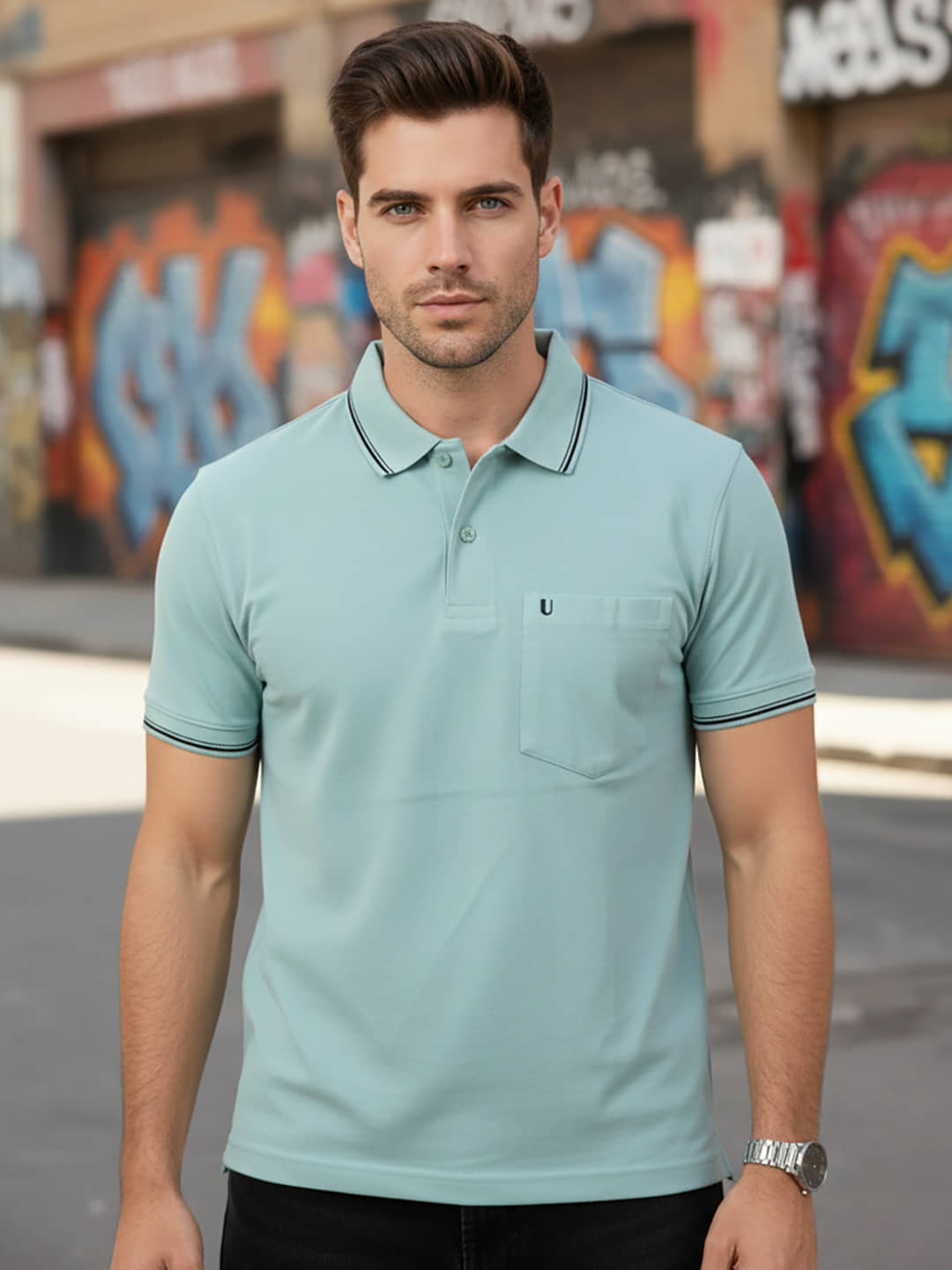 UNIBERRY Men Cotton Blend Regular Fit Solid Polo T Shirt ( Sea Green )