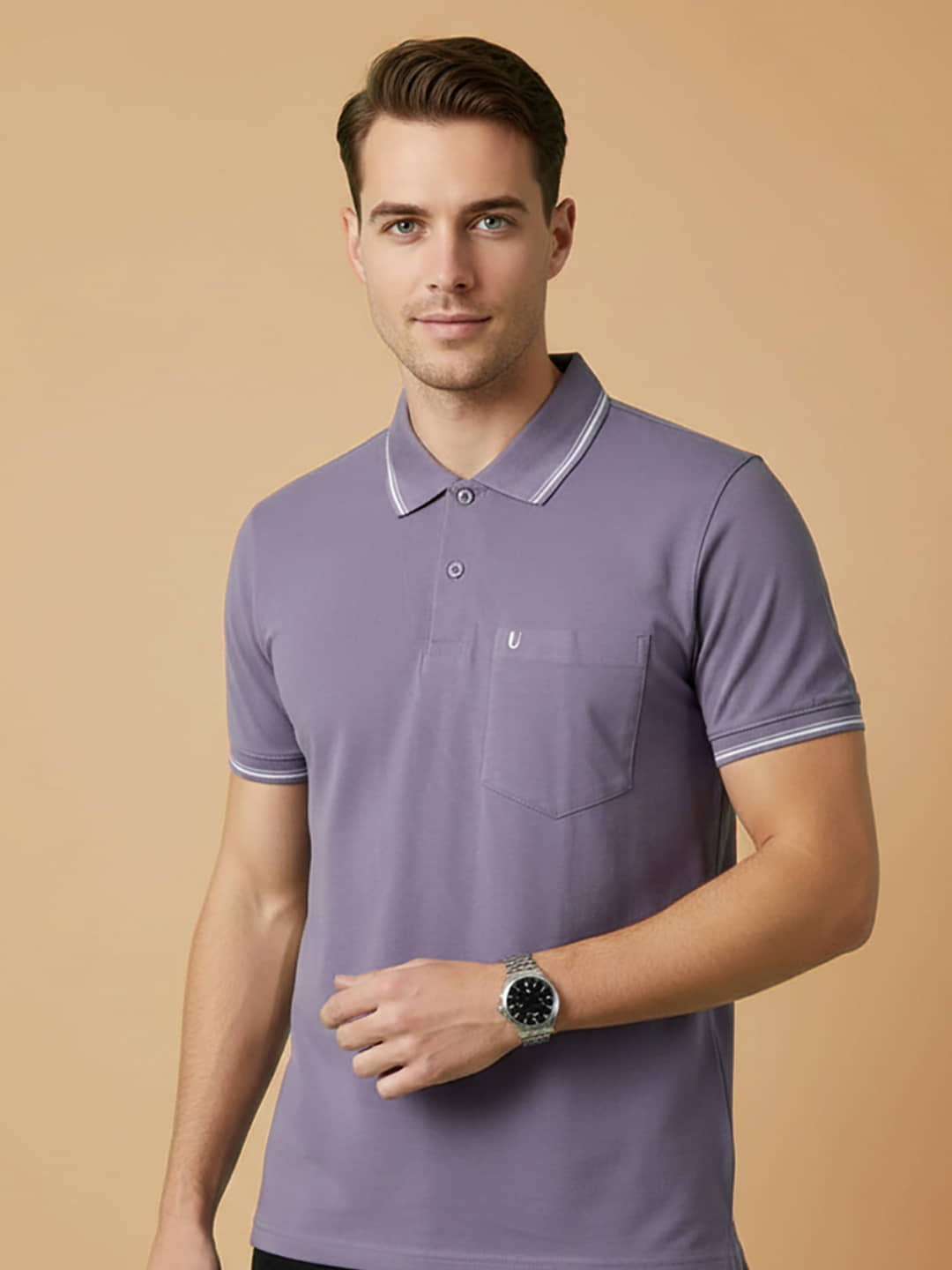 UNIBERRY Men Cotton Blend Regular Fit Solid Polo T Shirt ( Lavender )