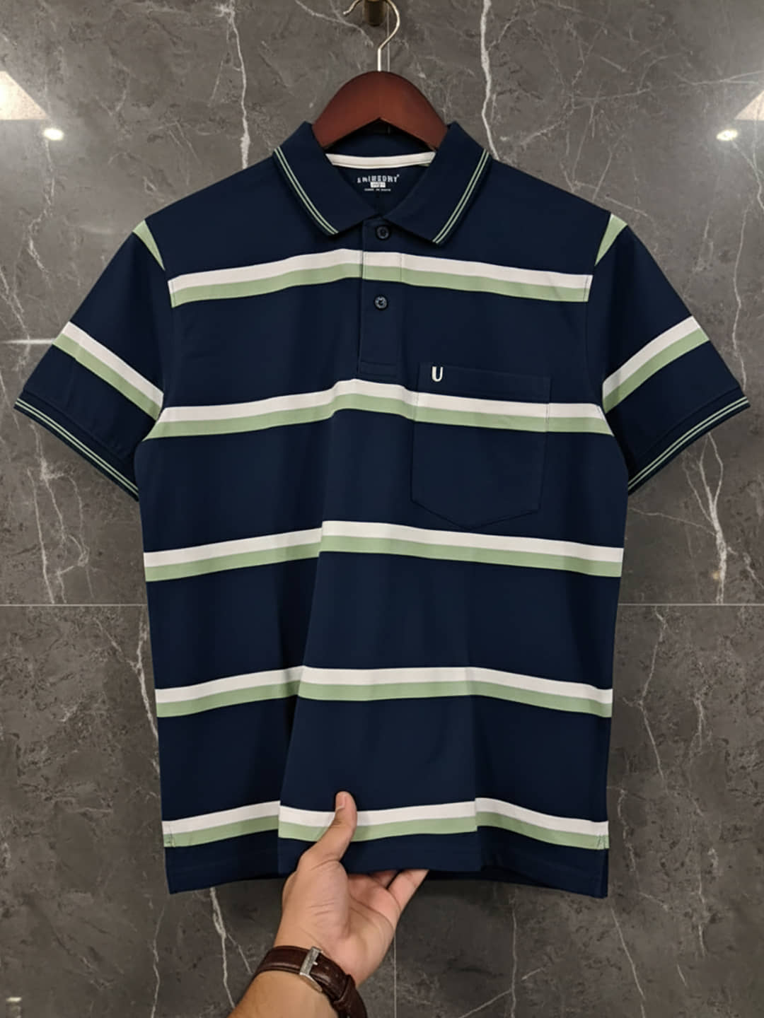 UNIBERRY Men Cotton Blend Regular Fit Striped Polo T Shirt ( Navy )