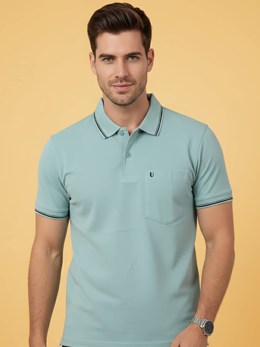 UNIBERRY Men Cotton Blend Regular Fit Solid Polo T Shirt ( Sea Green )