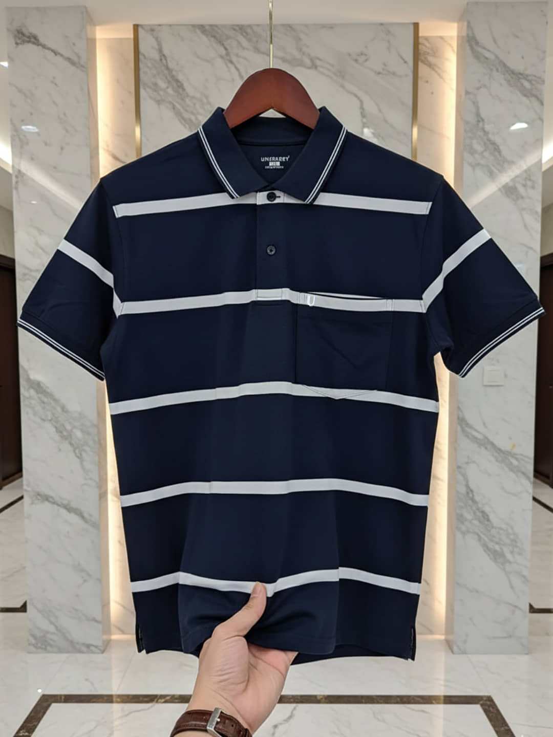 UNIBERRY Men Cotton Blend Regular Fit Striped Polo T Shirt ( Navy )