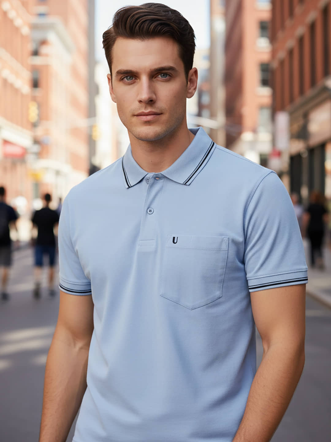 UNIBERRY Men Cotton Blend Regular Fit Solid Polo T Shirt ( Sky Blue )