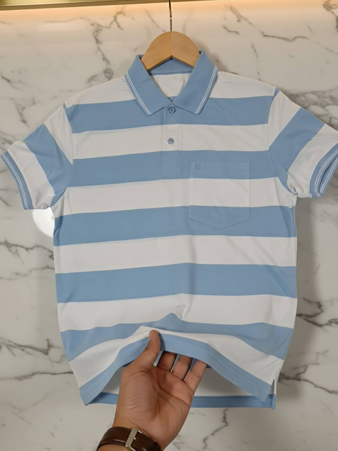 UNIBERRY Men Cotton Blend Regular Fit Striped Polo T Shirt ( Sky Blue )