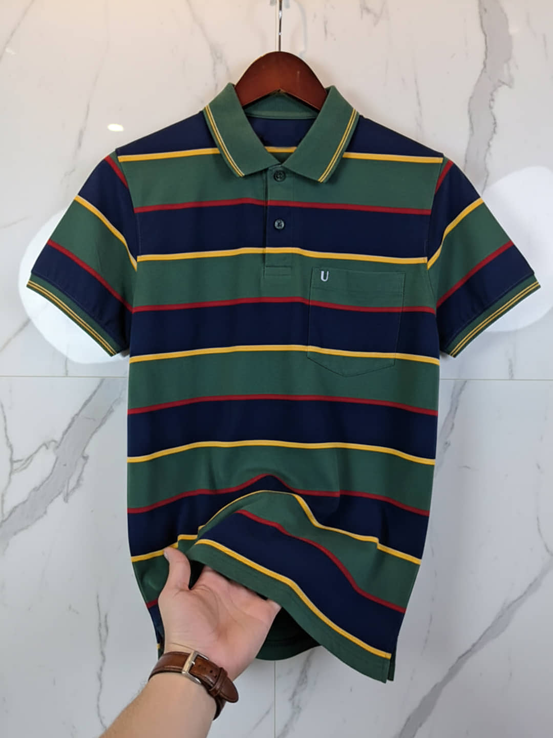 UNIBERRY Men Cotton Blend Regular Fit Striped Polo T Shirt ( Olive )