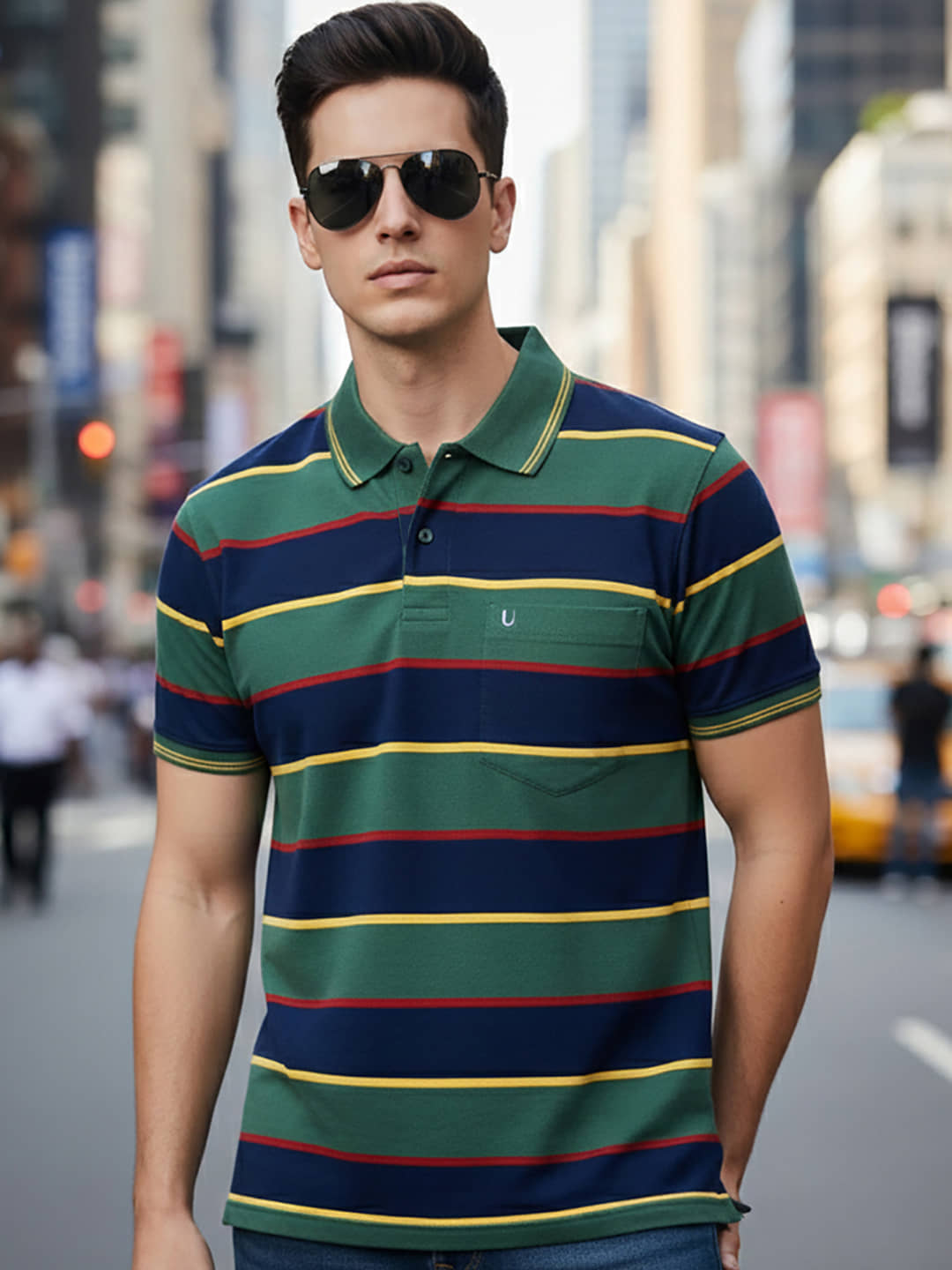 UNIBERRY Men Cotton Blend Regular Fit Striped Polo T Shirt ( Olive )