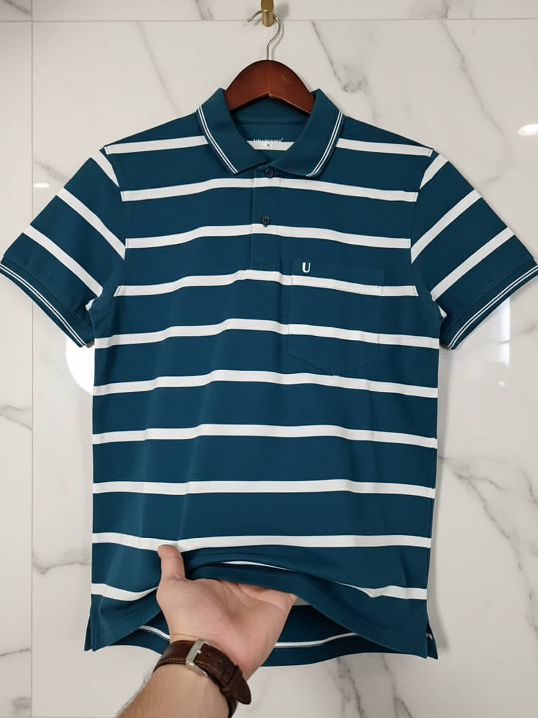 UNIBERRY Men Cotton Blend Regular Fit Striped Polo T Shirt ( Teal Blue )
