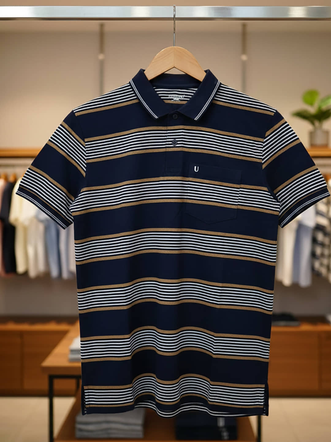 UNIBERRY Men Cotton Blend Regular Fit Striped Polo T Shirt ( Navy )