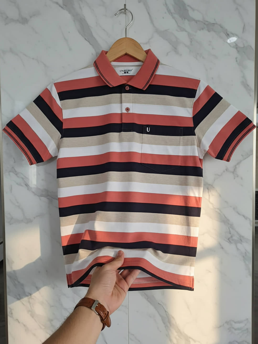 UNIBERRY Men Cotton Blend Regular Fit Striped Polo T Shirt ( Peach )
