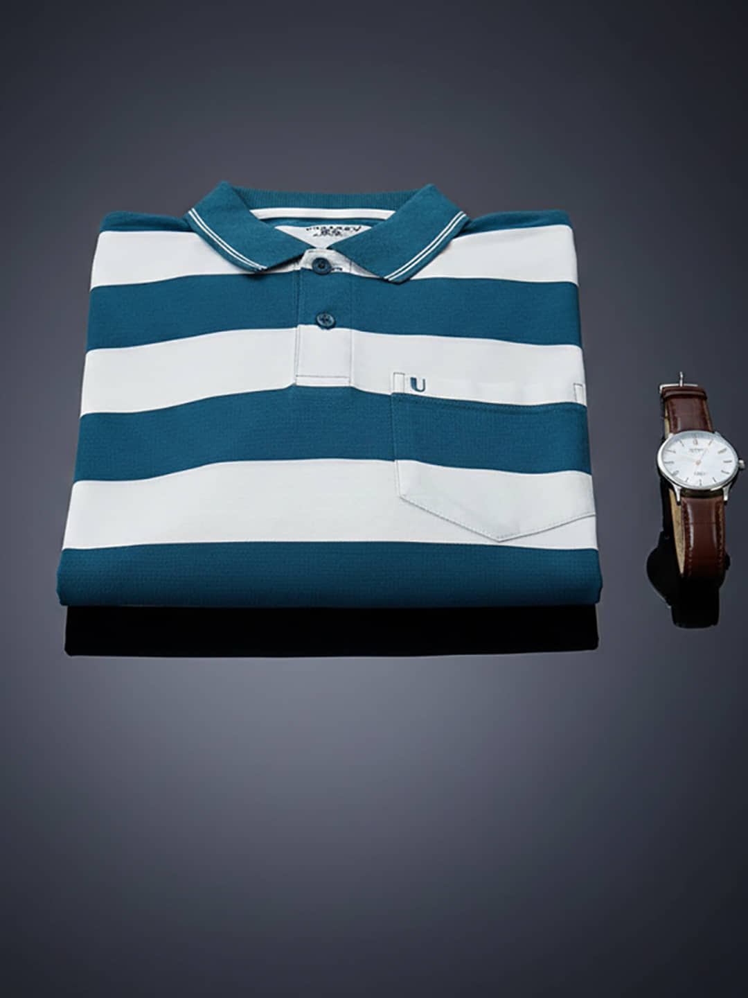 UNIBERRY Men Cotton Blend Regular Fit Striped Polo T Shirt ( Teal Blue )