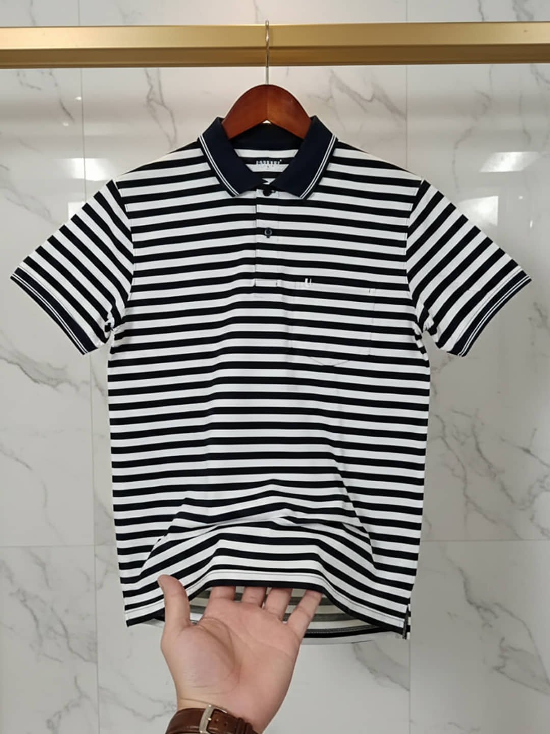 UNIBERRY Men Cotton Blend Regular Fit Striped Polo T Shirt ( Navy )
